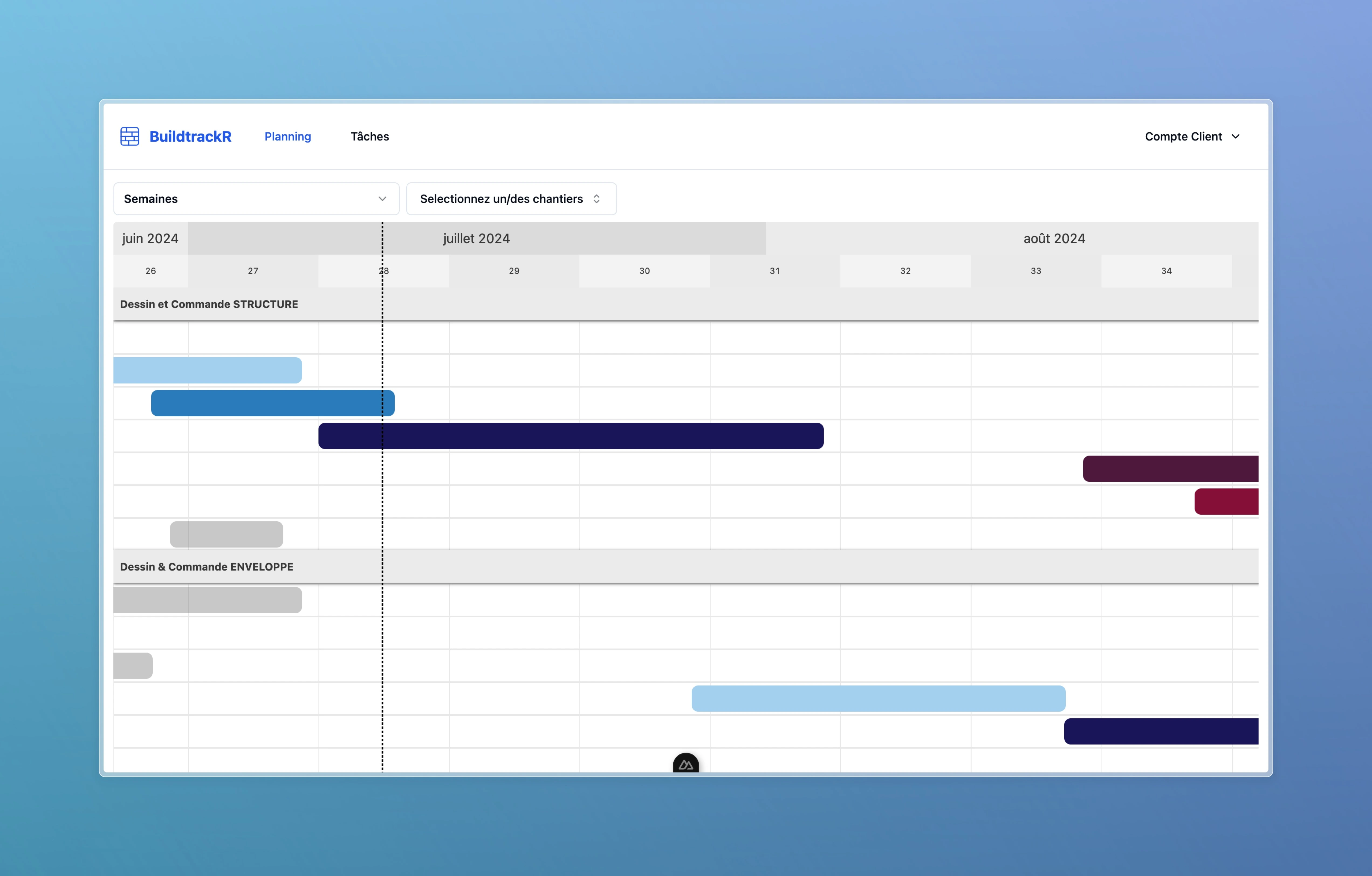 Vue du planning hebdomadaire des chantiers dans BuildtrackR